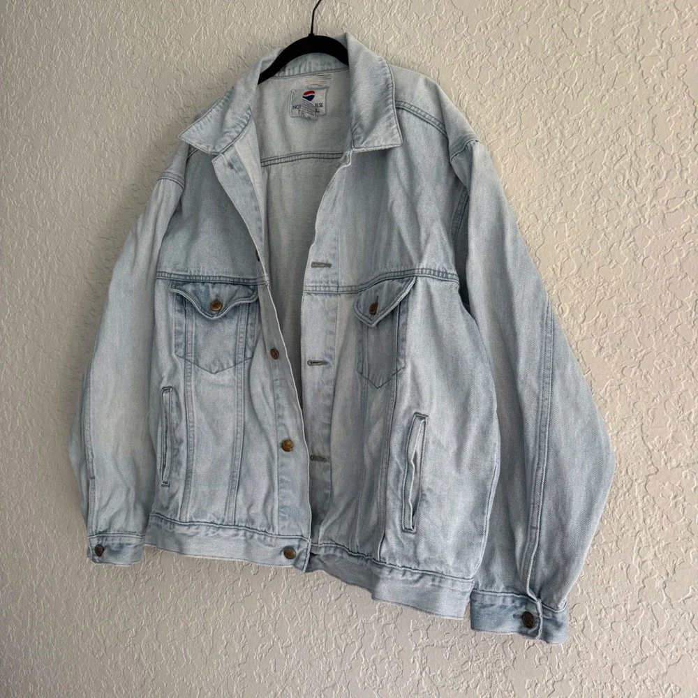 Vintage Pepsi Cola Denim Jean Jacket Long Sleeve‎ Coat Light Wash Distressed XL